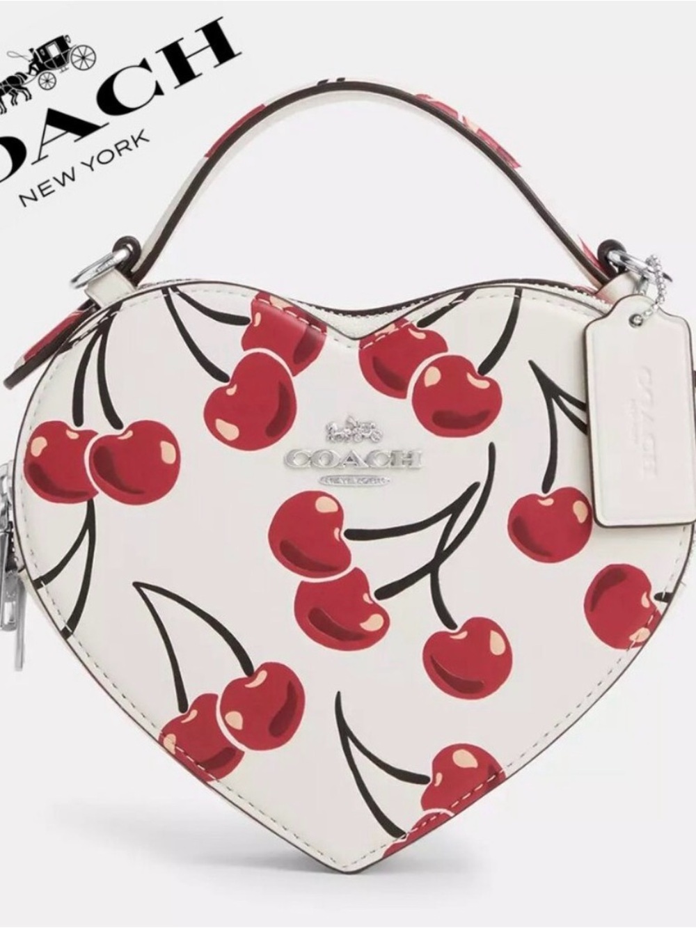 Coach White Heart-Shaped Mini Bag with Red Cherry Print